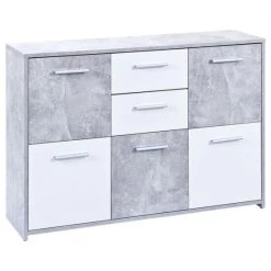 Billig 🤩 Inter Link Kommode Sideboard Flavius Beton Nachbildung Weiß 2 Schubladen 5 Türen 🌟