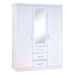 Am billigsten ❤️ Inter Link Kleiderschrank Schlafzimmerschrank Schlafzimmer Geraldo Massivholz Weiß 3 Schubladen 3 Türen Inkl. Spiegel 🛒