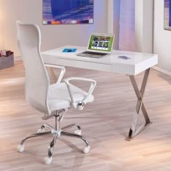 Bester Verkauf 🛒 Inter Link Moderner Schreibtisch Computertisch Schminktisch Grace Weiß Hochglanz Chrom 1 Schublade ❤️ -Günstiges Interlink Geschäft unnamed file 644